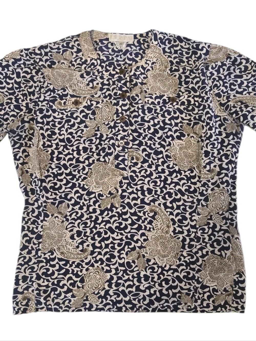ESCADA Silk Blouse Vintage (sz 34) Small Ahort Sleeve Lotus Flower Paisley Print